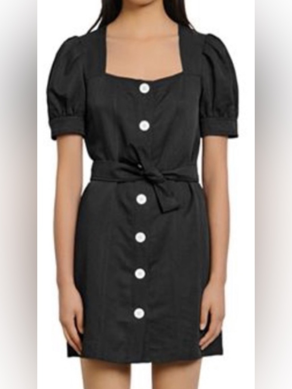 Sandro Paris Fira Puff-Sleeve Black Mini Dress with Button Front and Waist Tie